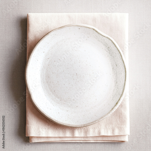 Minimal Ceramic Plate on Linen Background, Handmade Pottery Tableware Photo