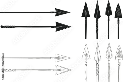 Hand Drawn Spear and Arrowhead Vector Set Featuring Tribal Ancient Weapon Designs in Black Silhouette and Detailed Line Art Style