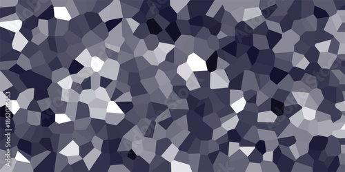 Mosaic of irregular polygonal shapes in shades of dark blue and white creates a fragmented, geometric abstract background with a crystalline or shattered glass effect and a modern, textured appearance