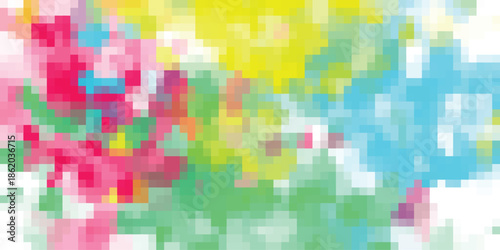 Vibrant abstract pixelated explosion of bright pink, yellow, green, and blue colors against a clean white background, representing digital art and creative expression