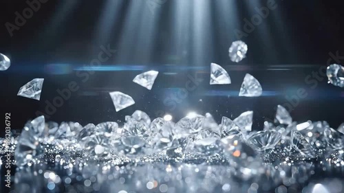 Sparkling clear gemstones falling onto a reflective surface under a spotlight.