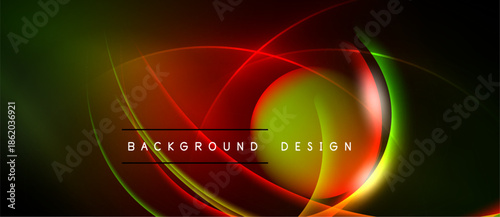 Abstract design features vibrant curves, glowing lines. Red, green, yellow hues blend against dark backdrop. Text reads background design.