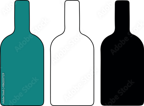 3 types of silhouette Classic liquor bottle silhouette graphics in three styles, teal fill, black fill, and outline, for beverage industry logos and icons