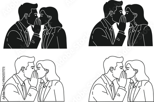Set of business people whispering a secret or gossip in ear silhouettes and line art icons for office communication concepts. (20 words)
