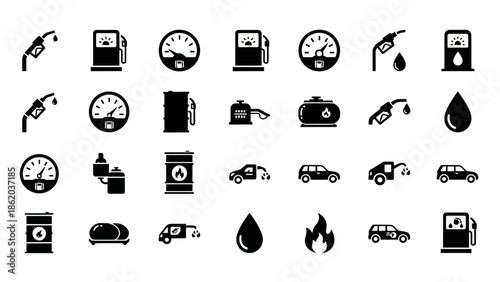 Collection of Black Fuel and Vehicle Icons.