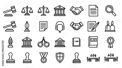 Collection of Black and White Law Icons.