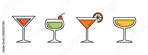 Cocktail Drinks, Four Colorful Martini and Coupe Glasses With Garnishes, Ice, Fruit Decorations and Vibrant Beverage Illustration.