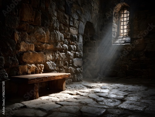 Interior of an old stone dungeon cell with a wooden bench against the wall and light streaming through a barred window onto the floor.