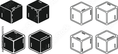Set of Isometric Ice Cube Icons in Solid Black and Line Art Style Isolated on White for Cooling and Drinks