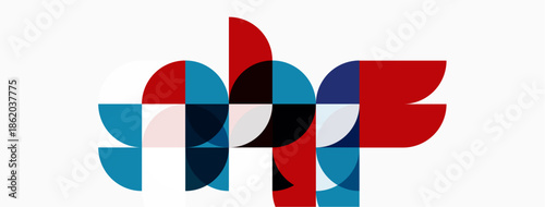 Abstract geometric shapes overlap, creating dynamic composition. Red, blue, black colors dominate white background. Modern design element.