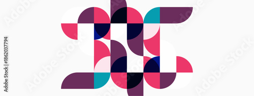 Abstract geometric design. Circles overlap creating complex pattern. Pink, purple, teal hues dominate white background. Modern aesthetic.