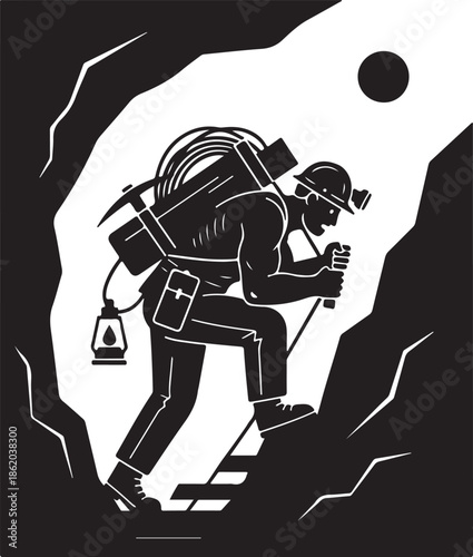 Graphic black and white illustration of a miner or explorer climbing a steep rocky cave passage or mine shaft, equipped with a pickaxe, lantern, and backpack