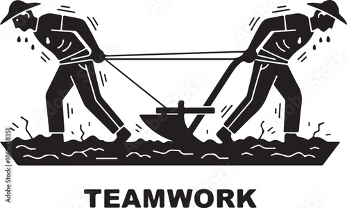 Graphic illustration of two men, symbolizing farmers or workers, pulling a plow together, embodying hard work, teamwork, and collaborative effort in agriculture and shared tasks