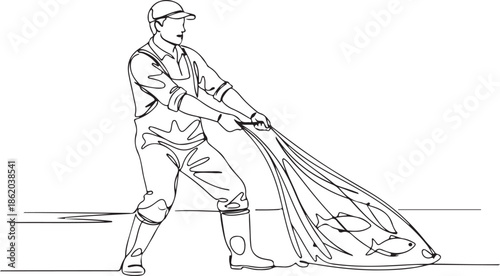 One Continuous Line Art of a Fisherman Pulling a Fishing Net with Caught Fish, Angler Hauling in the Day's Catch or Seafood Harvest