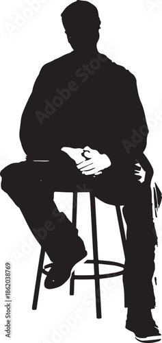 Black silhouette of a person or man sitting on a stool with hands clasped, isolated on a white background, concept of anonymity or contemplation