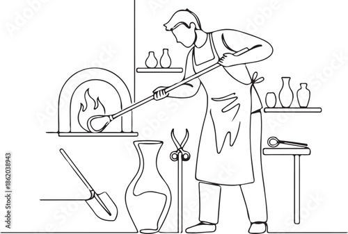 Continuous Line Art of a Craftsman, Potter or Glassblower, shaping a piece in a workshop near a hot kiln or furnace, symbolizing dedication to craft, skill, and traditional artistry