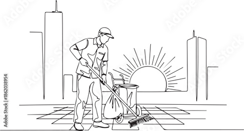 Continuous line art of a street cleaner or janitor sweeping with a broom and trash cart, set against a city skyline with a rising sun, symbolizing urban maintenance and a new day's work