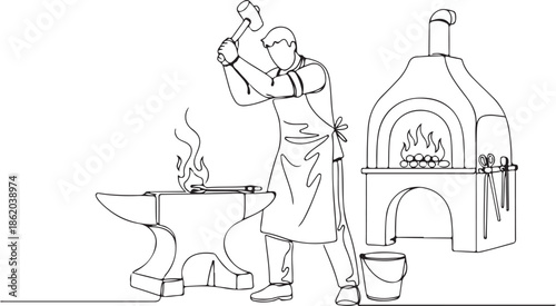 Continuous Line Drawing of a Blacksmith Forging Metal on an Anvil with a Hammer, Depicting Traditional Craftsmanship and Industrial Work at the Forge