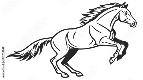 Powerful black and white illustration of a majestic horse in full stride.