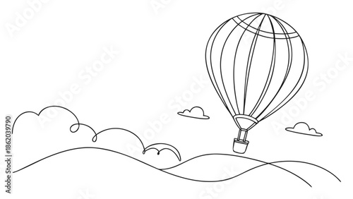 Whimsical hot air balloon floats serenely above rolling hills under a cloudy sky.