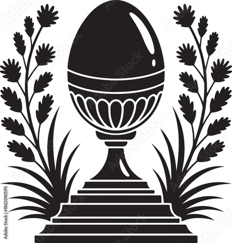 Decorative ornamental egg on pedestal with wheat stalks and floral elements for easter celebration or museum exhibit illustration