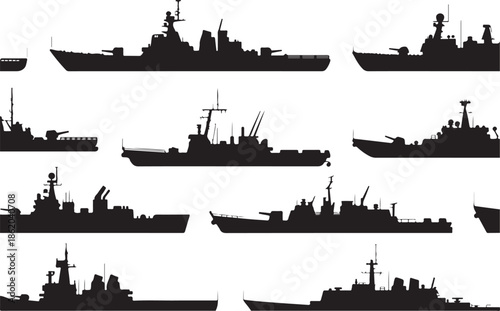 Collection of silhouette navy warships and destroyers with guns and radar on transparent background naval fleet set