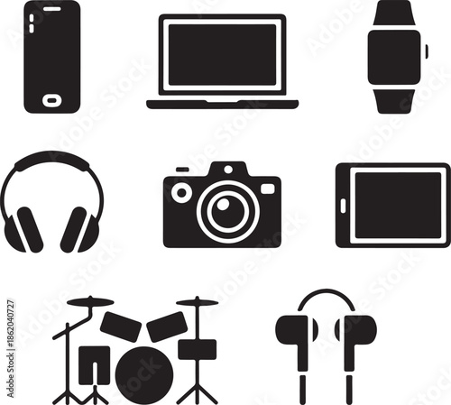 Collection of black vector icons for various electronic devices, music, and photography equipment