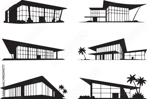 Modern architectural building silhouettes with glass walls and unique structures on transparent background featuring palm trees