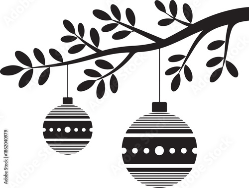 Silhouette illustration depicting a tree branch with leaves and two striped christmas holiday ornaments hanging from thin strings