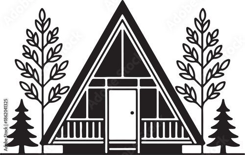 Black silhouette of an a-frame cabin surrounded by trees and plants isolated on transparent background