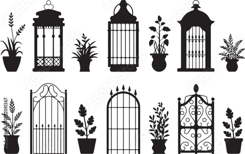 Set of decorative garden elements including birdcages, potted plants and ornate gates isolated on transparent background