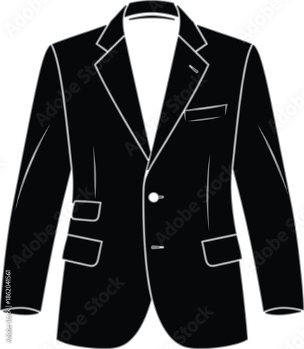 Black suit jacket illustration in minimalist style, formal business clothing icon for fashion design, corporate wear, mens apparel, tailoring concepts, and professional wardrobe visuals