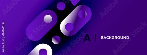 Purple abstract shapes overlap, creating dynamic visual effect. Gradient highlights add depth, modern aesthetic. Text reads AI BACKGROUND.