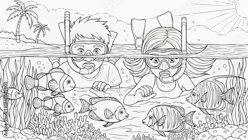 Coloring book for kids - two children snorkel in shallow water and explore the underwater world with its inhabitants