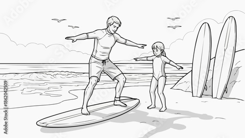 Coloring book for kids - father teaches daughter surfing on the beach, there are surfboards nearby