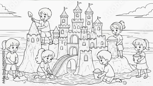 Coloring book for kids - A group of children build a sand castle on the beach on a sunny day
