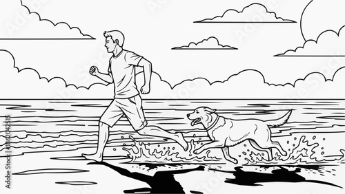 Coloring book for children - a man jogging with a dog on the beach on a sunny day