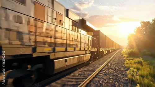 Freight train moving on tracks through a rural landscape at sunset.