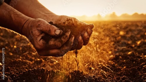 Farmer's hands gently letting rich dark soil fall, illuminating the sun's warm glow and the promise of growth