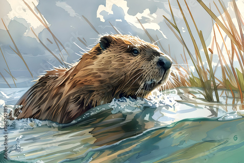 Brown Beaver Swimming in a Sunlit River