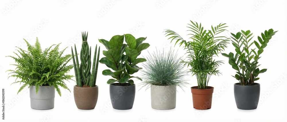 Fototapeta premium Variety of Fresh Green Potted Houseplants Displayed Against a Clean White Background in a Studio Setting, isolated against transparent background 