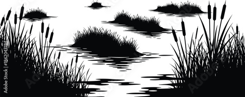 Black and white marshland silhouette featuring aquatic plants cattails and reeds growing in a calm pond water landscape for nature background design.