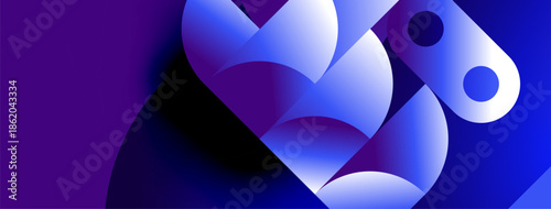 Abstract shapes blend blues, purples. Smooth gradients create depth, modern aesthetic. Minimalist design evokes technology, innovation.
