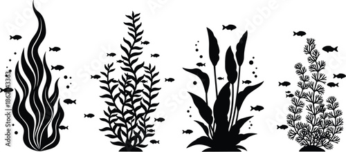 Black and white silhouette set of various aquatic sea plants and kelp with swimming fish and bubbles for marine nature background design.