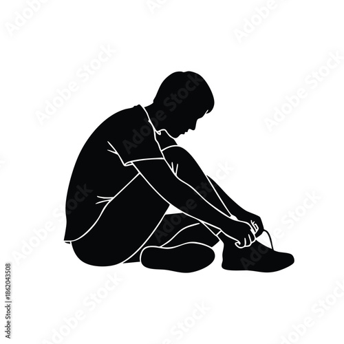 Silhouette of a man sitting on the floor tying his shoelaces with white outline on a plain white background.