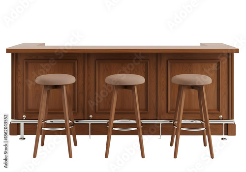 Three wooden bar stools in front of a wooden bar counter isolated on transparent background