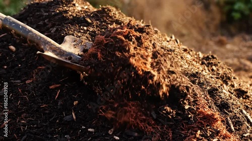 Wallpaper Mural Shovel scooping steaming compost in close up, showing dark organic matter and red fibrous material Torontodigital.ca