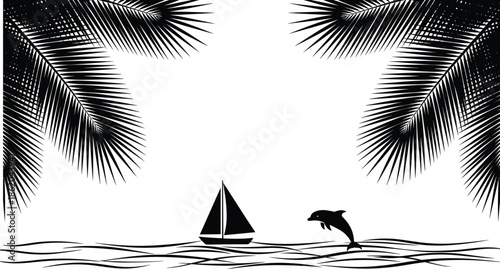 Black and white tropical coastal silhouette featuring palm tree leaves framing a sailboat and jumping dolphin on calm ocean waves nature background.