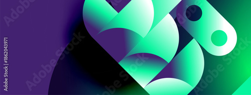 Abstract shapes blend vibrant greens, purples. Smooth gradients create modern, dynamic composition. Minimalist design evokes fluidity, innovation.