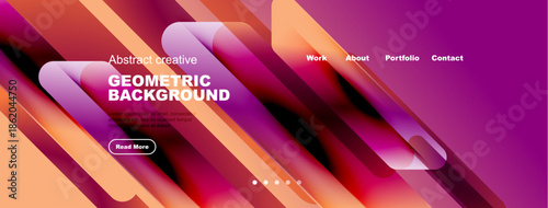 Modern website header design. Vibrant colors, geometric shapes, navigation menu present. Includes call to action button.